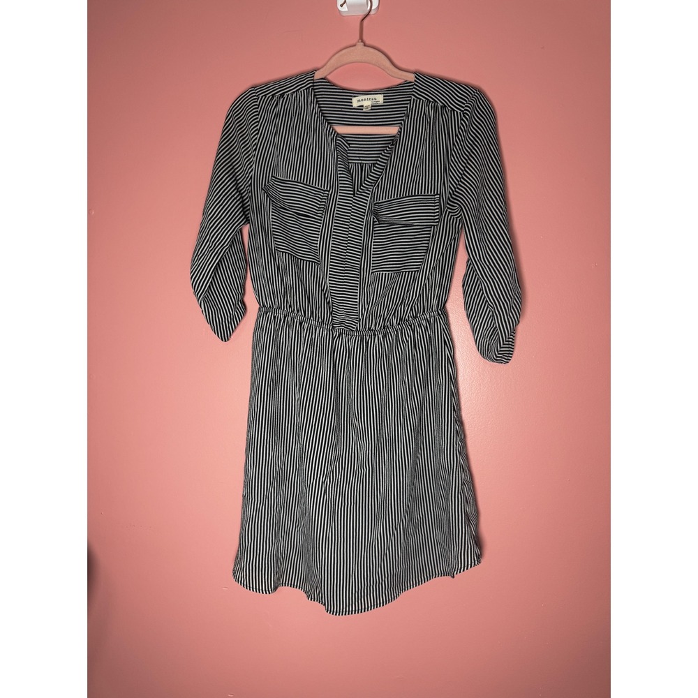 Monteau Los Angeles Striped V-Neck Roll Tab Sleeve Dress Black White Size M